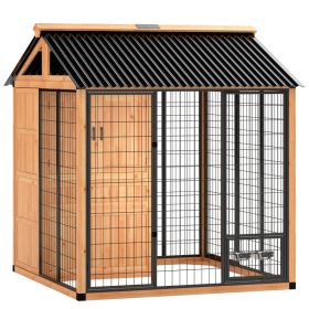 7' x 6' Extra Large Dog House, Wood Outdoor Dog Kennel with Storage Cabinet, Stainless Steel Bowls, Light Yellow 7' x 6' Extra Large Dog House, Wood Outdoor Dog Kennel with Storage Cabinet, Stainless Steel Bowls, Light Yellow
